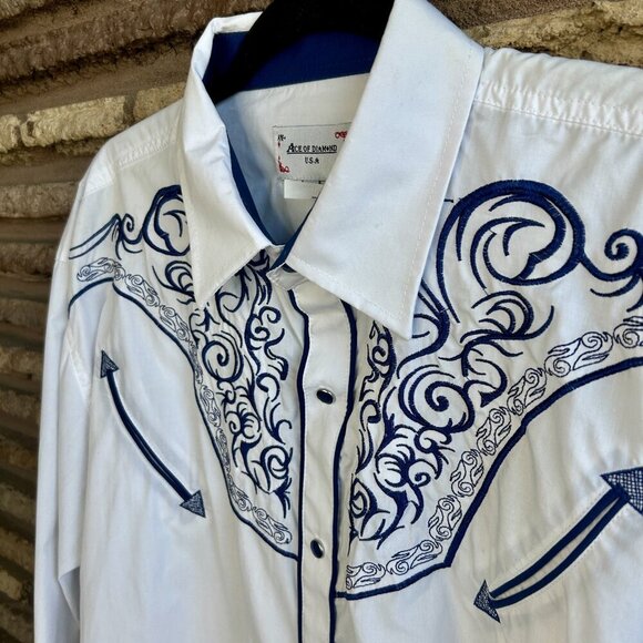 Ace of Diamonds Men's White & Blue Embroidered Western Pearl Snap Shirt Size 2X - Picture 10 of 13
